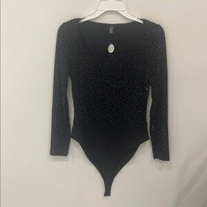 Black Long Sleeve Rhinestones Bodysuit